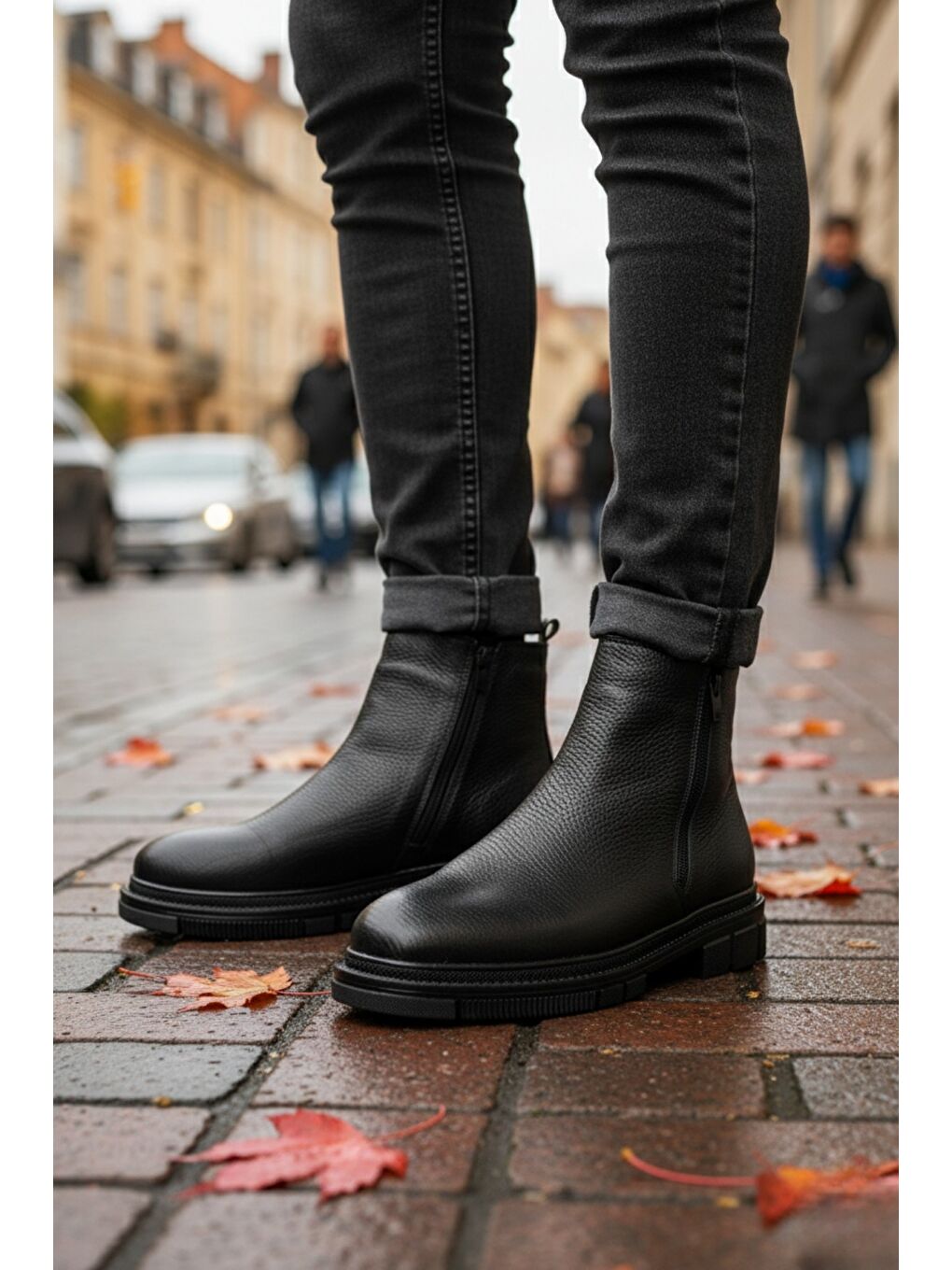 Siyah CHELSEY Hakiki Deri Çift Fermuarlı Erkek Kışlık Bot-5