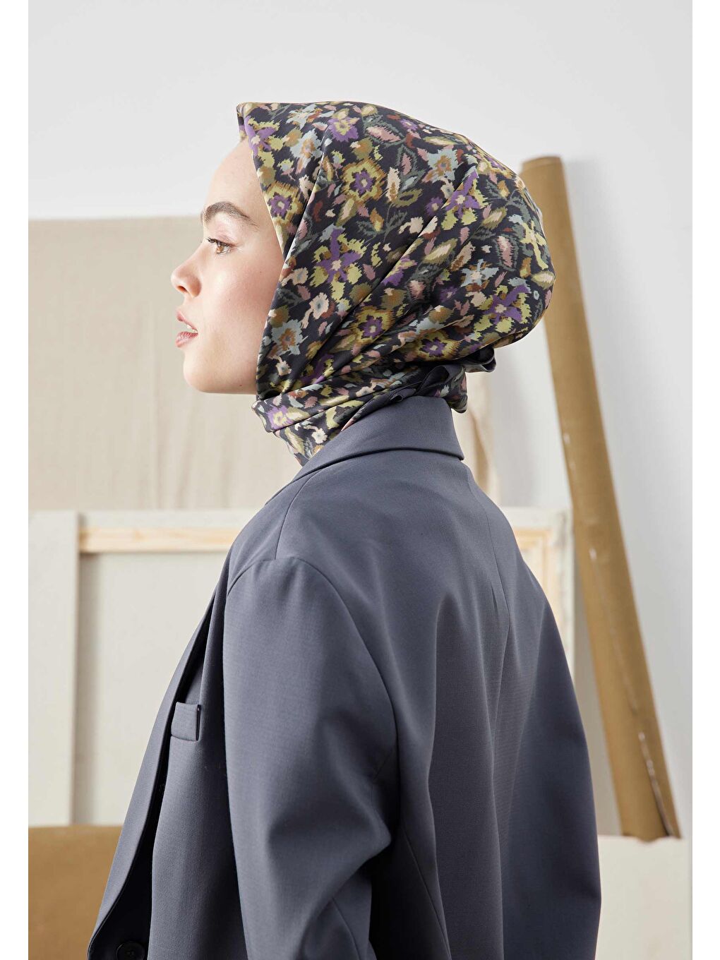 Yeşil Etnıc Desen Pamuk İpek Eşarp Adaçayı-2