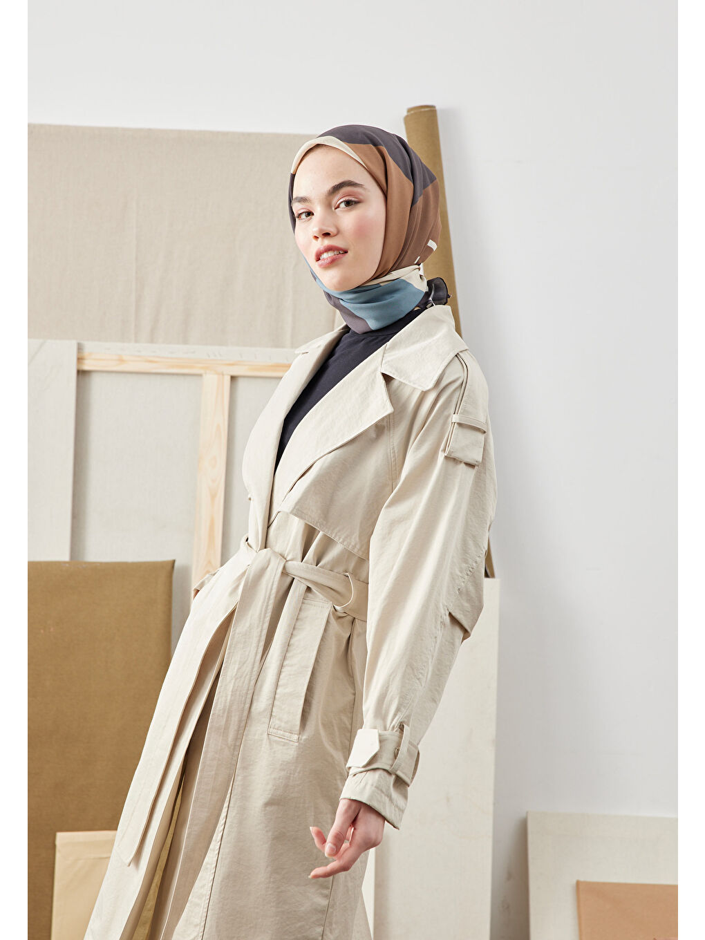 Kahverengi Multı Colors Desen Pamuk İpek Eşarp Kahve-1