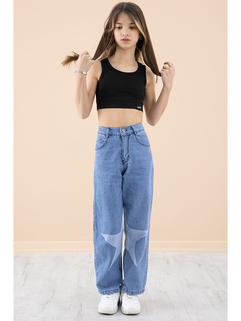 Mavi Yıldız Desenli Kız Çocuk Geniş Paça Jean Pantolon 20273-1