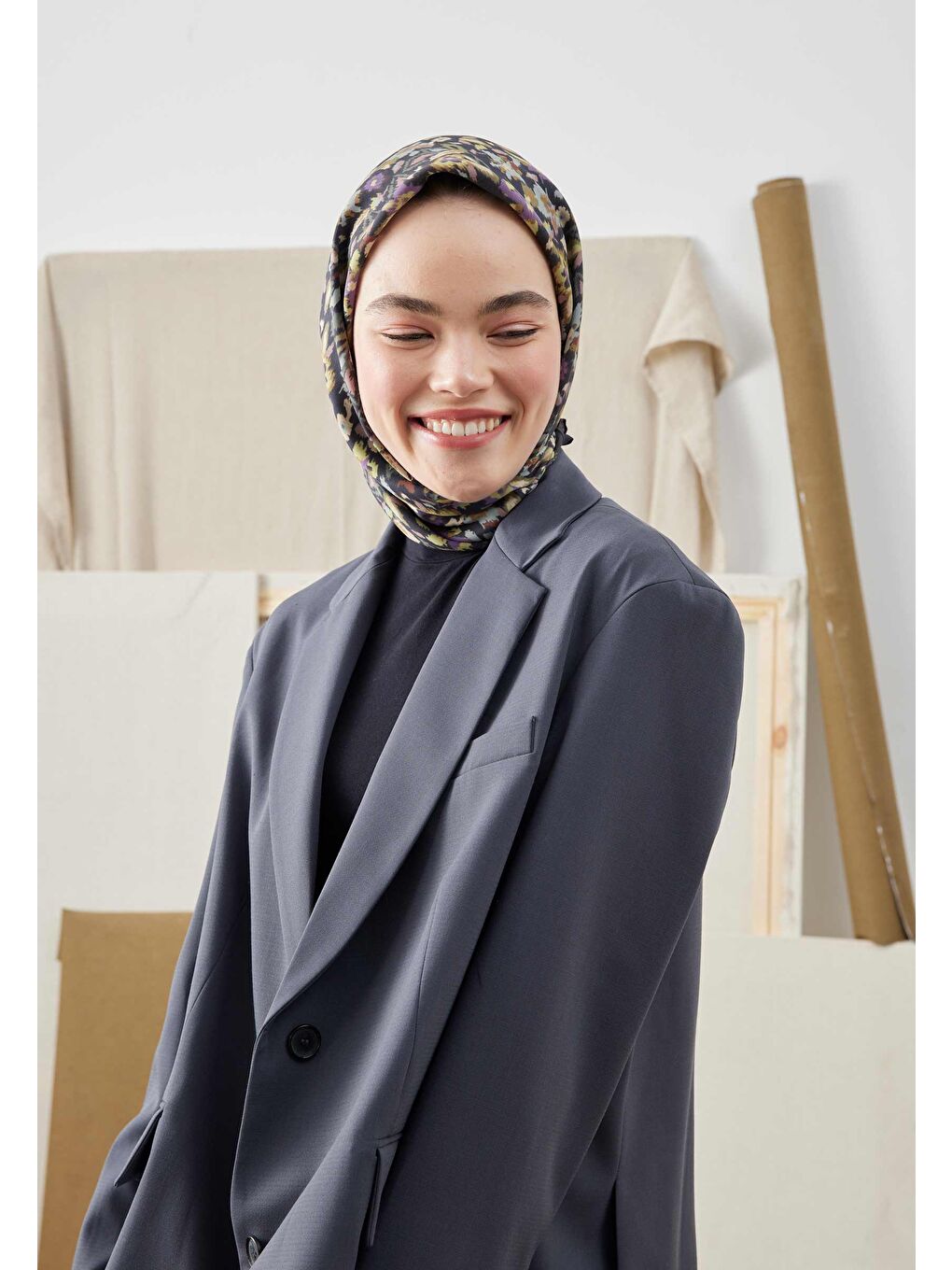 Yeşil Etnıc Desen Pamuk İpek Eşarp Adaçayı-3