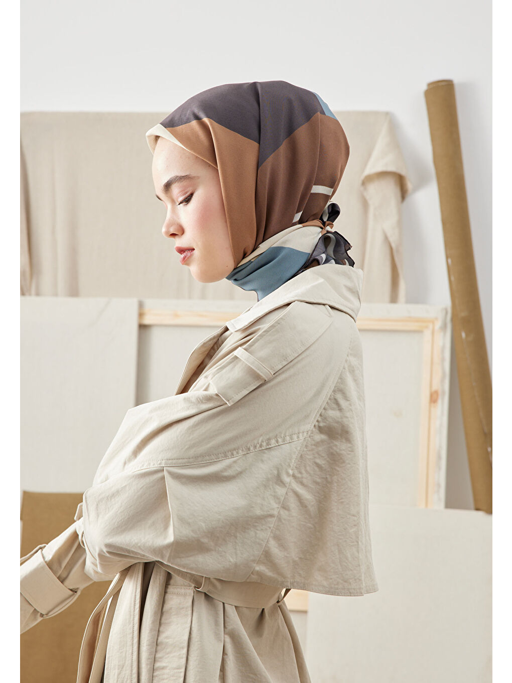 Kahverengi Multı Colors Desen Pamuk İpek Eşarp Kahve-3