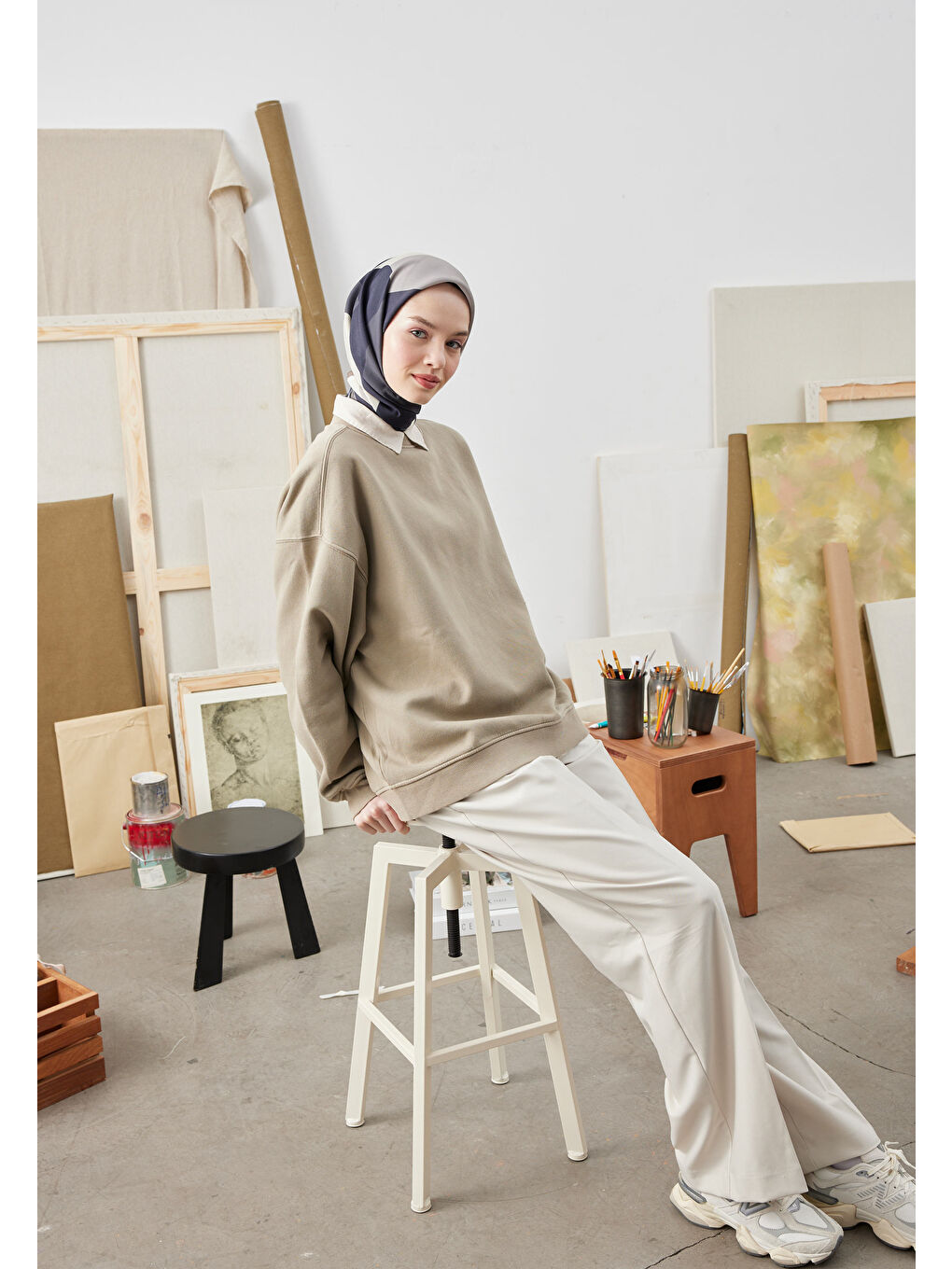 Multı Colors Desen Pamuk İpek Eşarp Lacivert