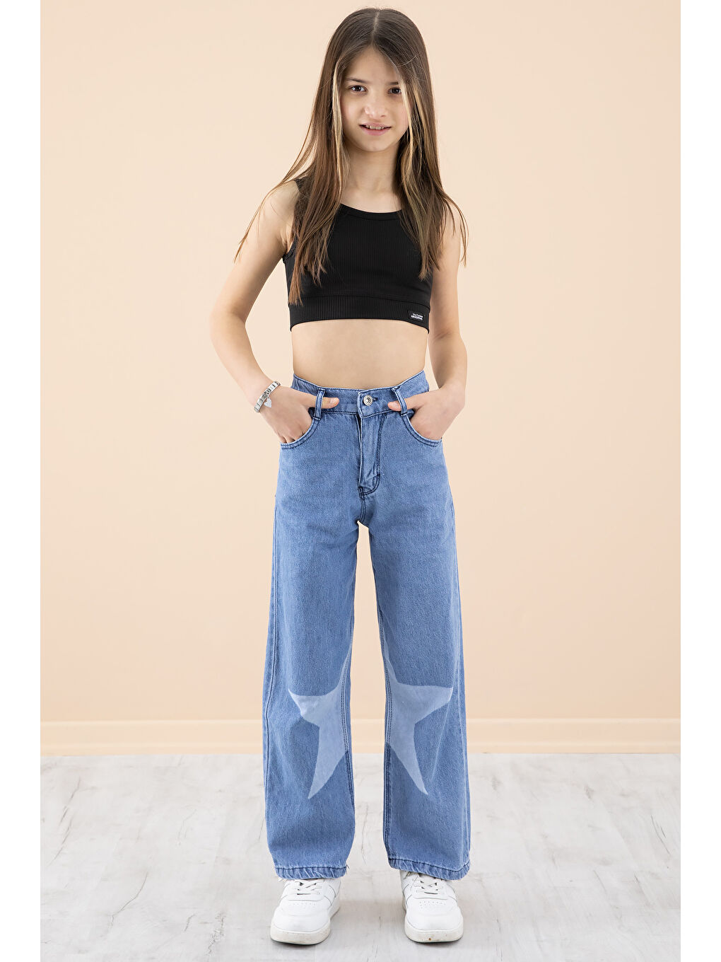 Mavi Yıldız Desenli Kız Çocuk Geniş Paça Jean Pantolon 20273-4