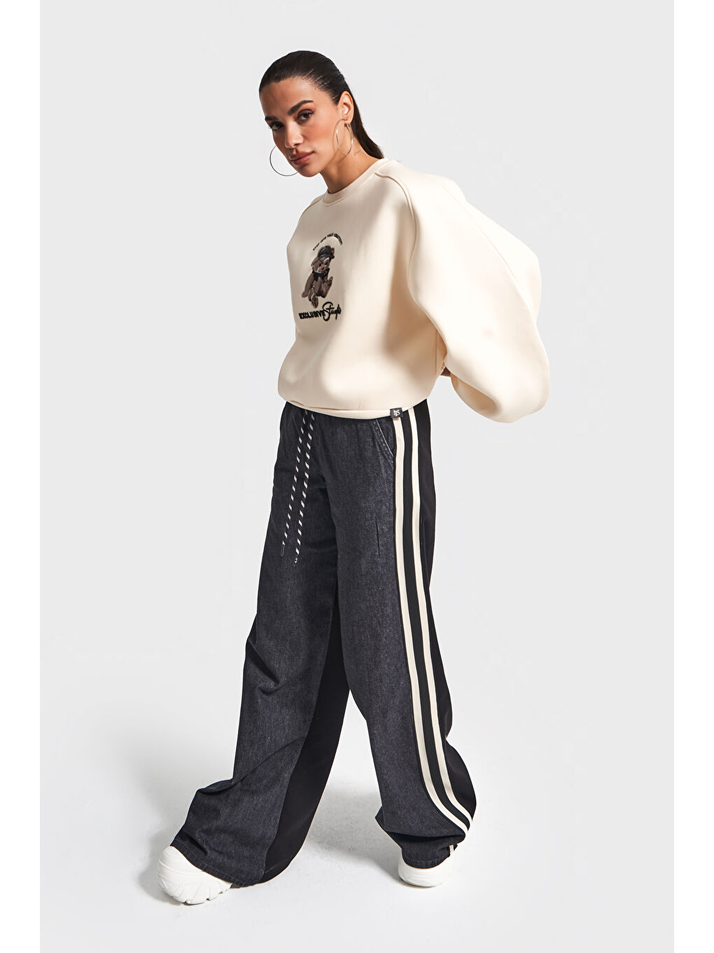 Kadın Bej Siyah Jean Rengi w5-105 Tasarım Sweatshirt Pantolon 2'li Kombin Takım