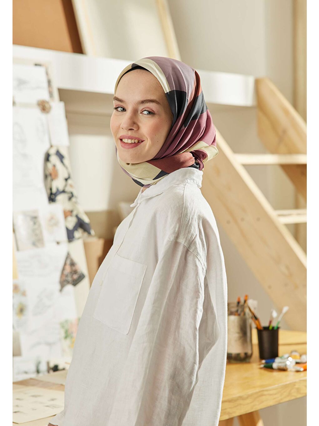 Karışık Multı Colors Desen Pamuk İpek Eşarp Orkide