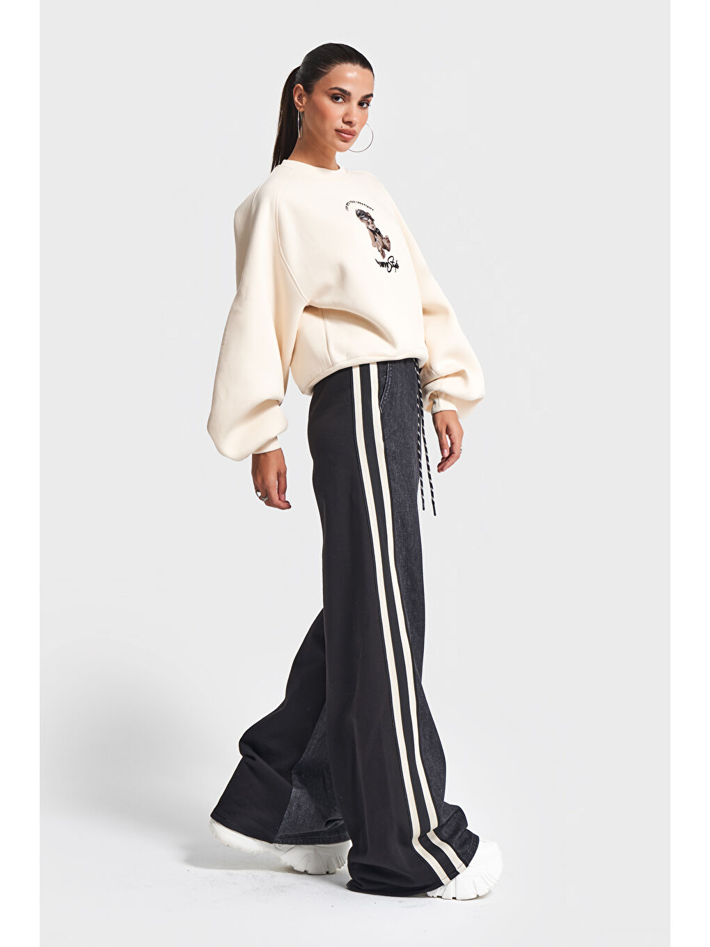 Kadın Bej Siyah Jean Rengi w5-105 Tasarım Sweatshirt Pantolon 2'li Kombin Takım-2