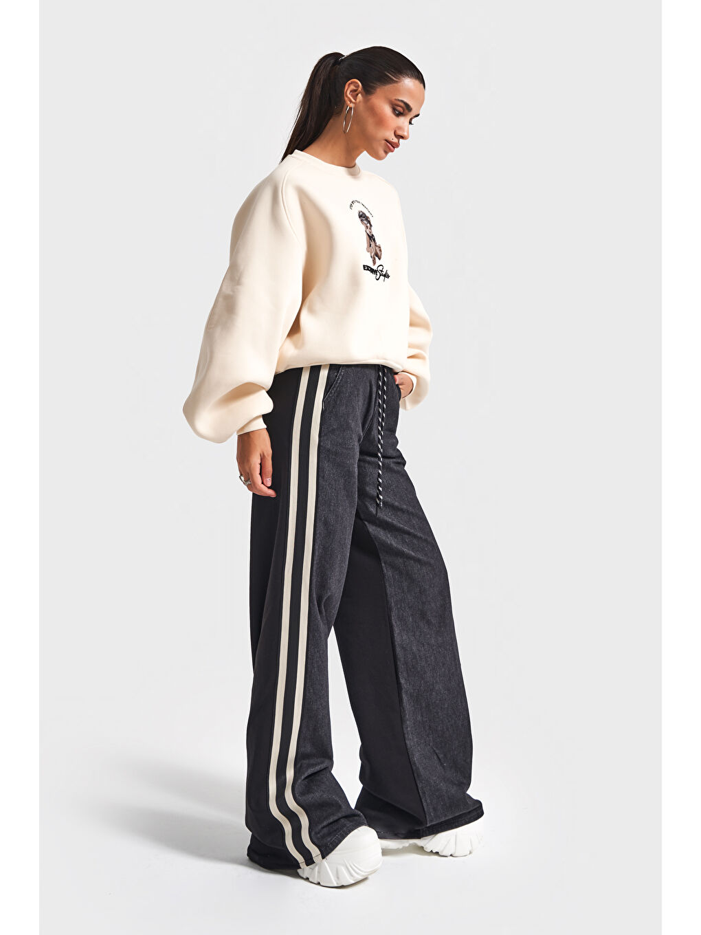 Kadın Bej Siyah Jean Rengi w5-105 Tasarım Sweatshirt Pantolon 2'li Kombin Takım-3