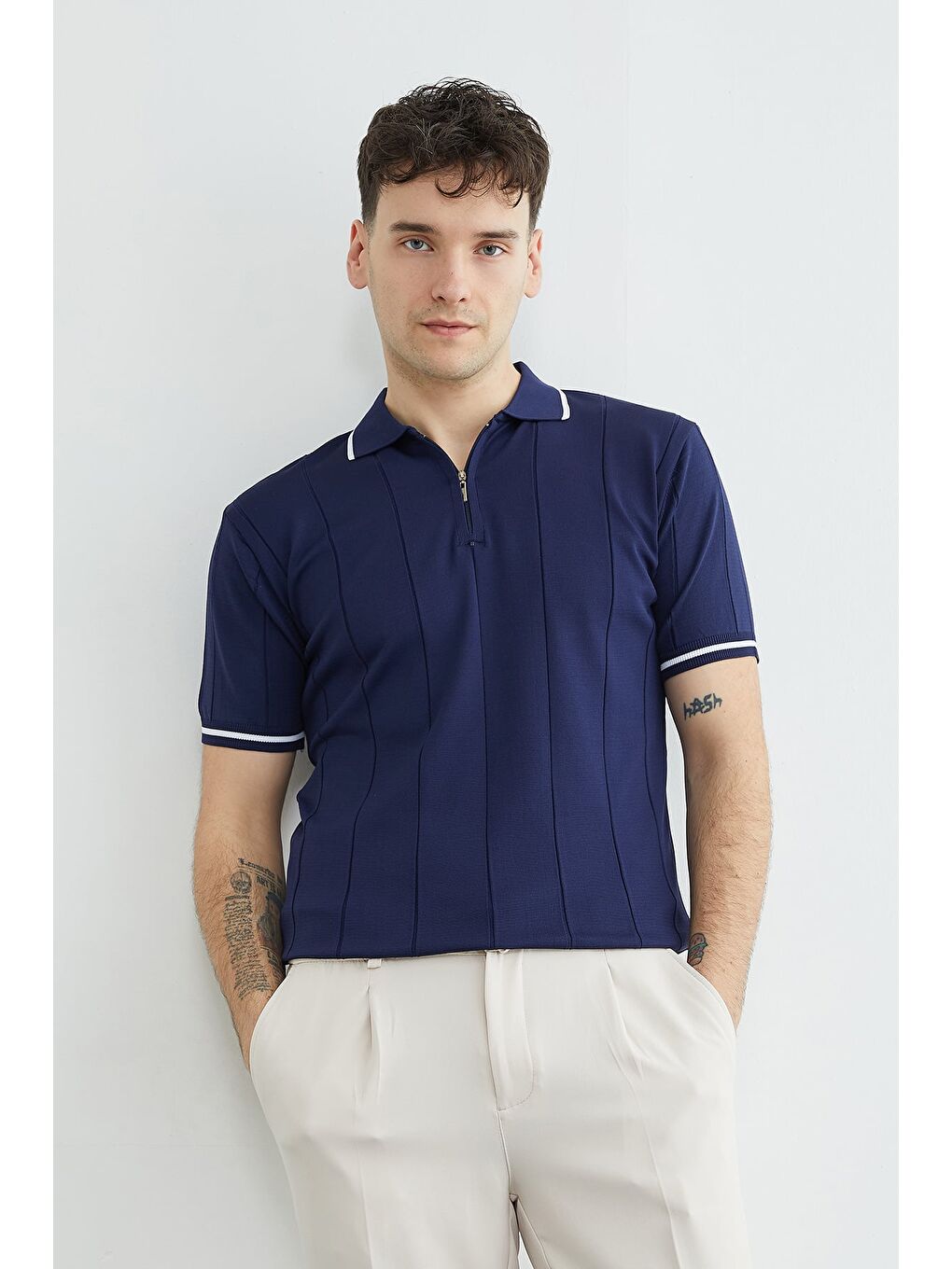 Lacivert Yarım Fermuarlı Çizgili Triko Tişört-1