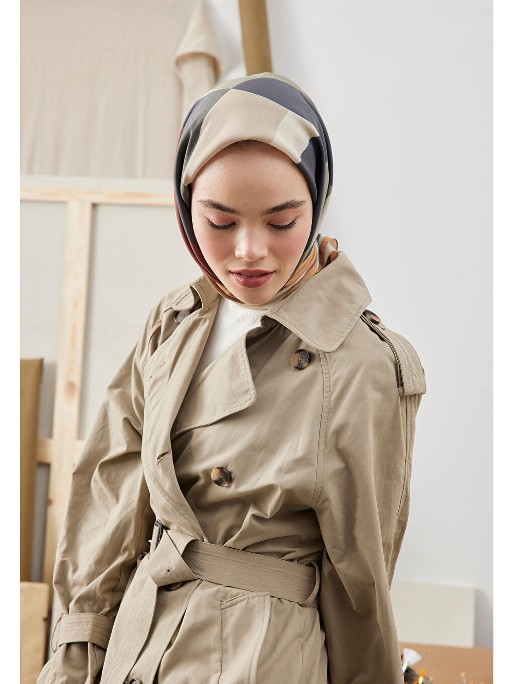 Multı Colors Desen Pamuk İpek Eşarp Haki-2