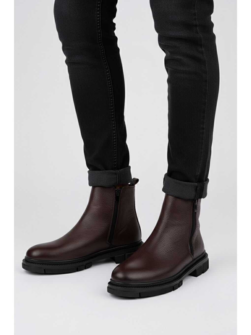 Kahverengi CHELSEY Hakiki Deri Çift Fermuarlı Erkek Kışlık Bot-3