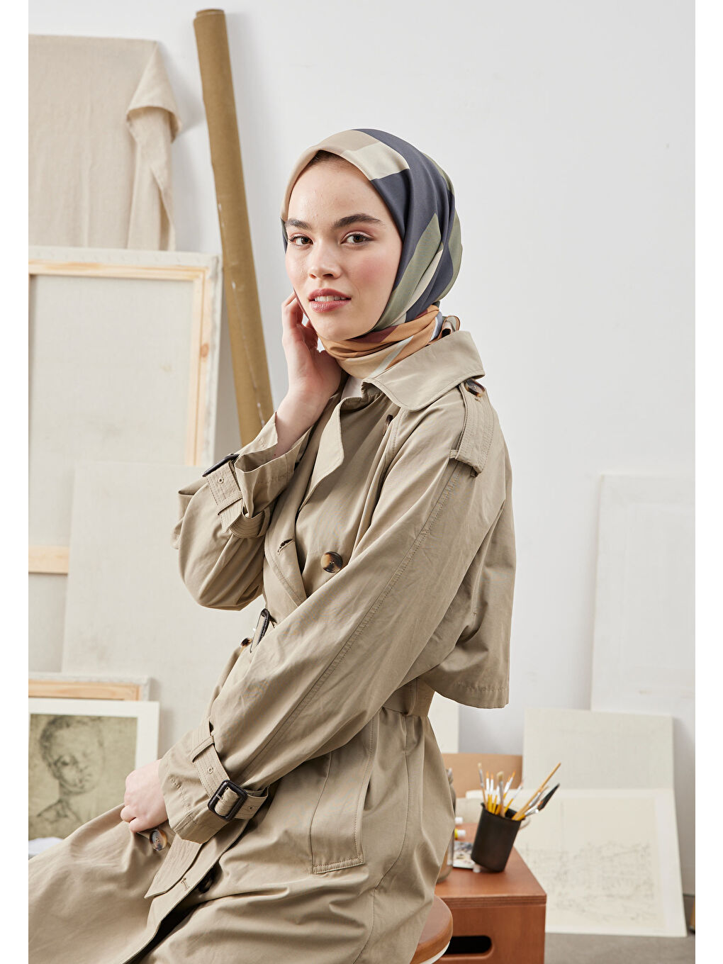 Multı Colors Desen Pamuk İpek Eşarp Haki-3