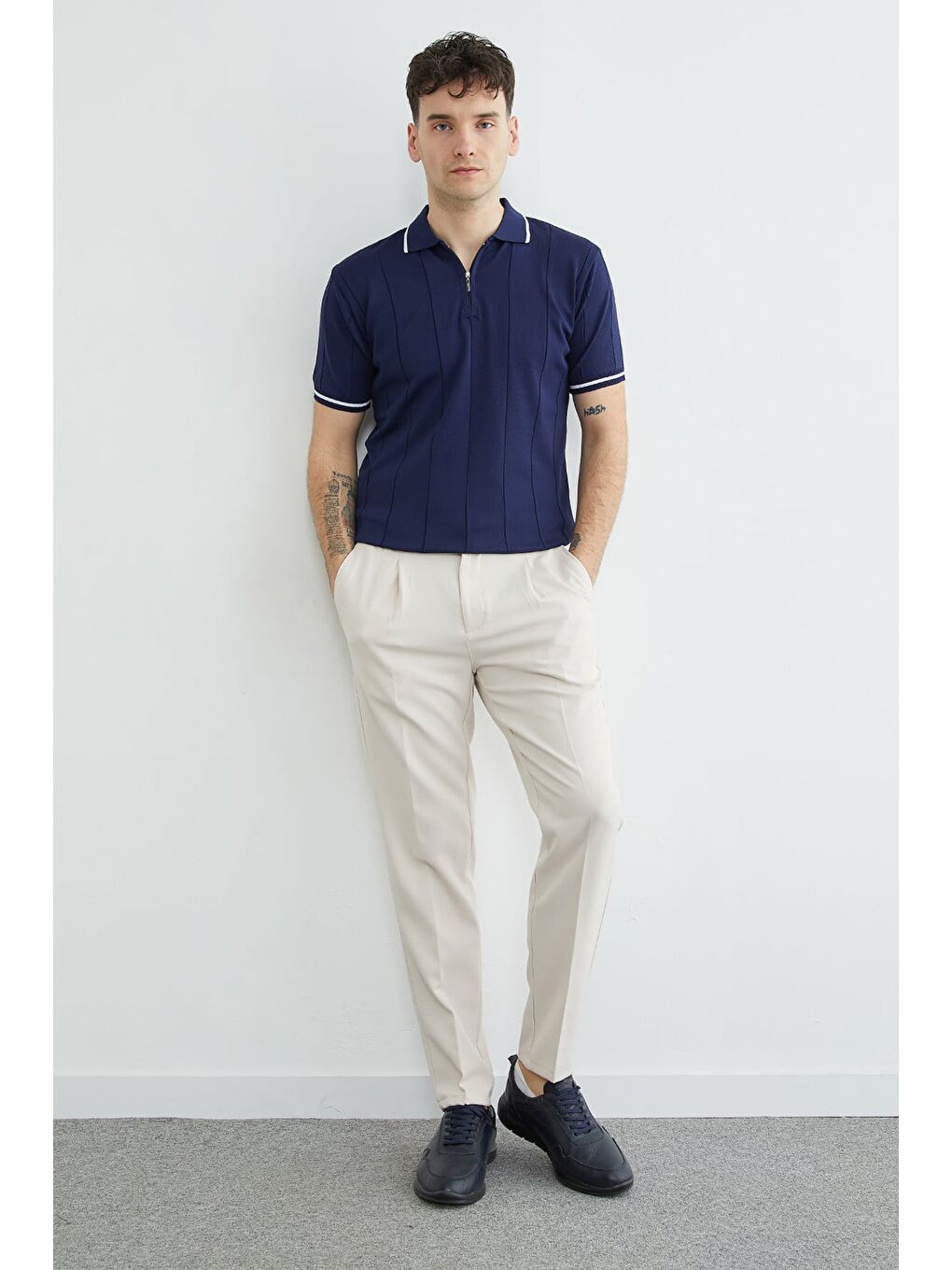 Lacivert Yarım Fermuarlı Çizgili Triko Tişört-2