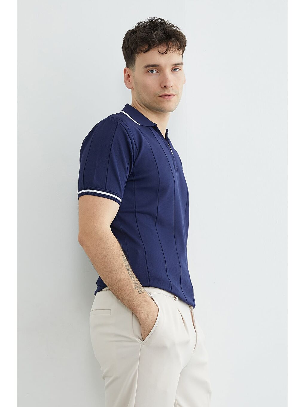 Lacivert Yarım Fermuarlı Çizgili Triko Tişört-3