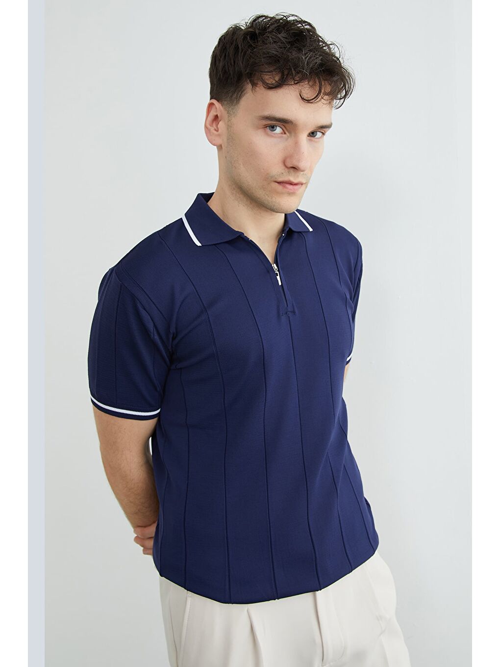 Lacivert Yarım Fermuarlı Çizgili Triko Tişört-4