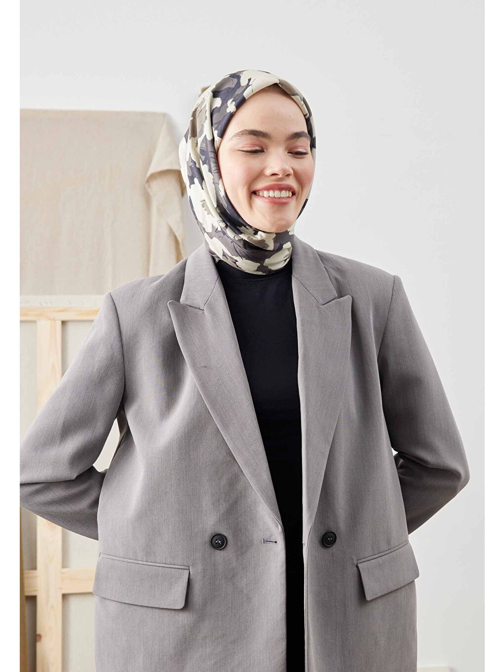 Bej Multı Flower Desen Pamuk İpek Eşarp Vizon-1