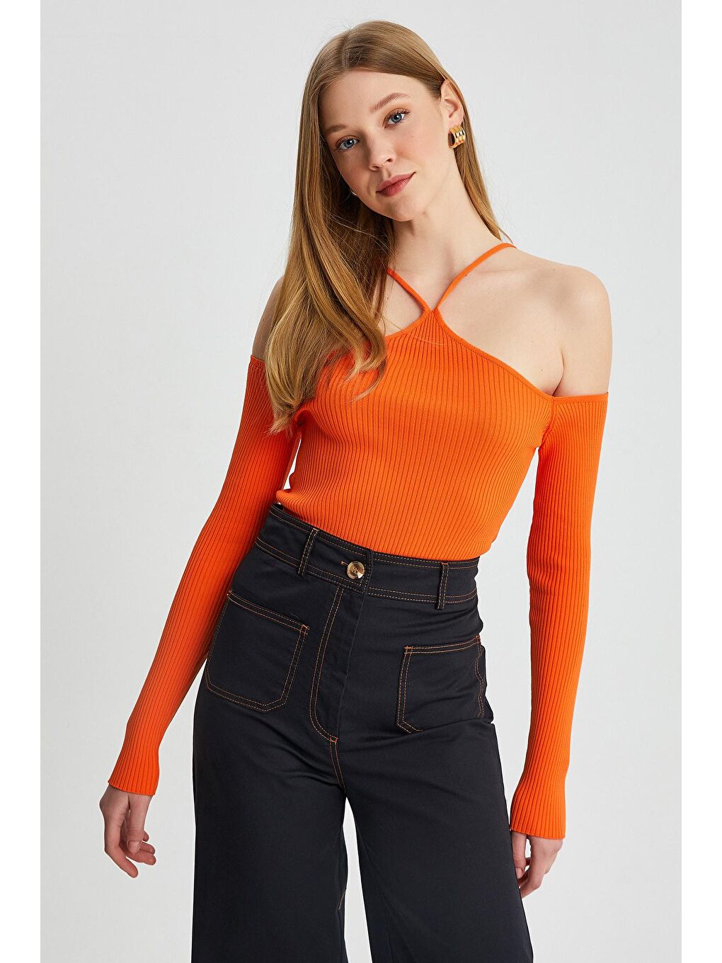 Turuncu Kadın Askılı Omuz Detaylı Uzun Kol Slim Triko Body