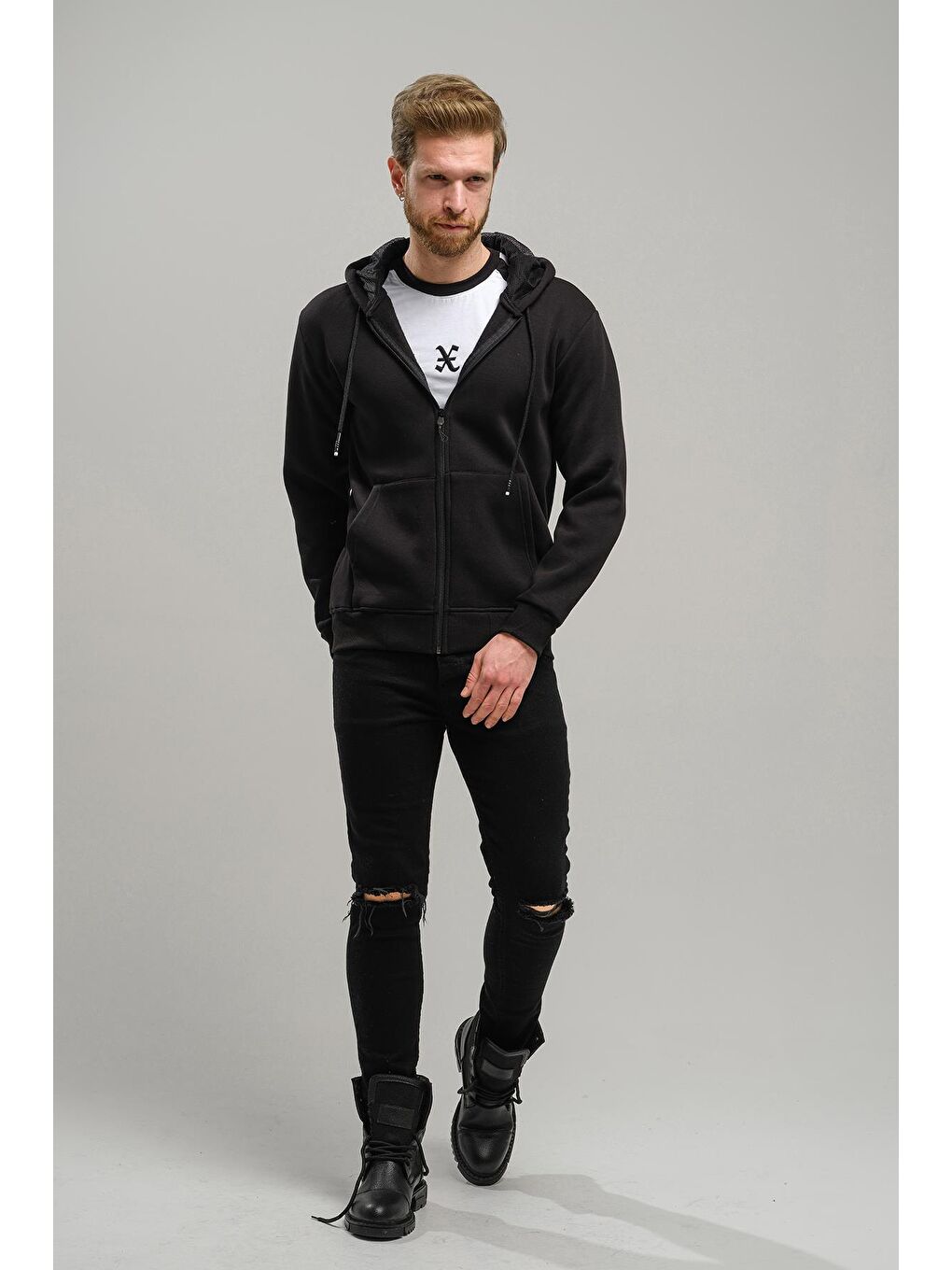 Siyah Regnault Üç İplik Pamuklu Kapüşonu File Detaylı  Fermuarlı Sweatshirt-1