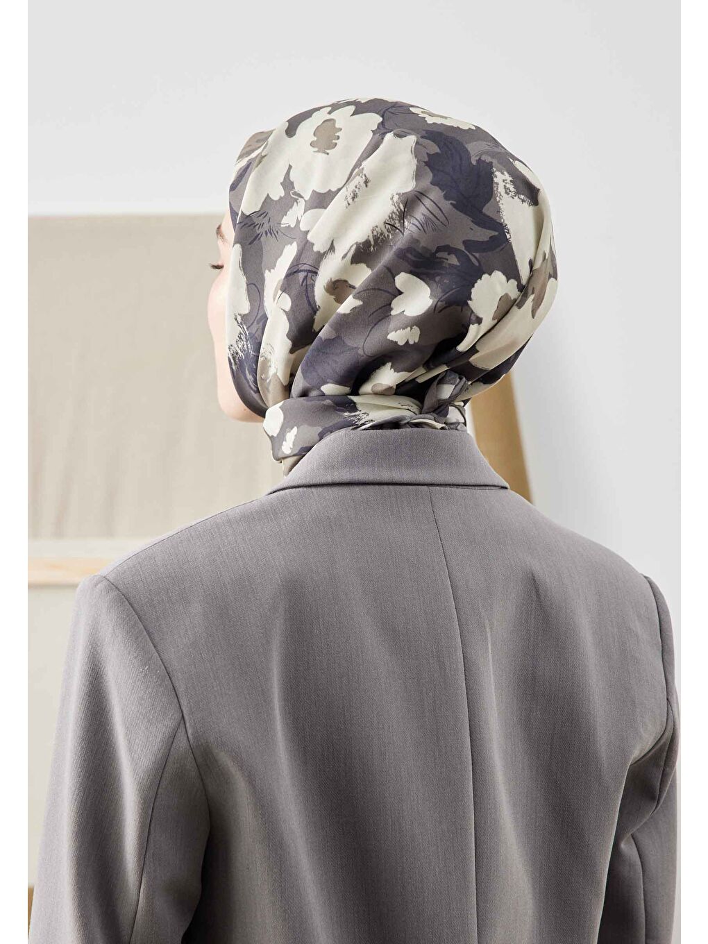 Bej Multı Flower Desen Pamuk İpek Eşarp Vizon-3