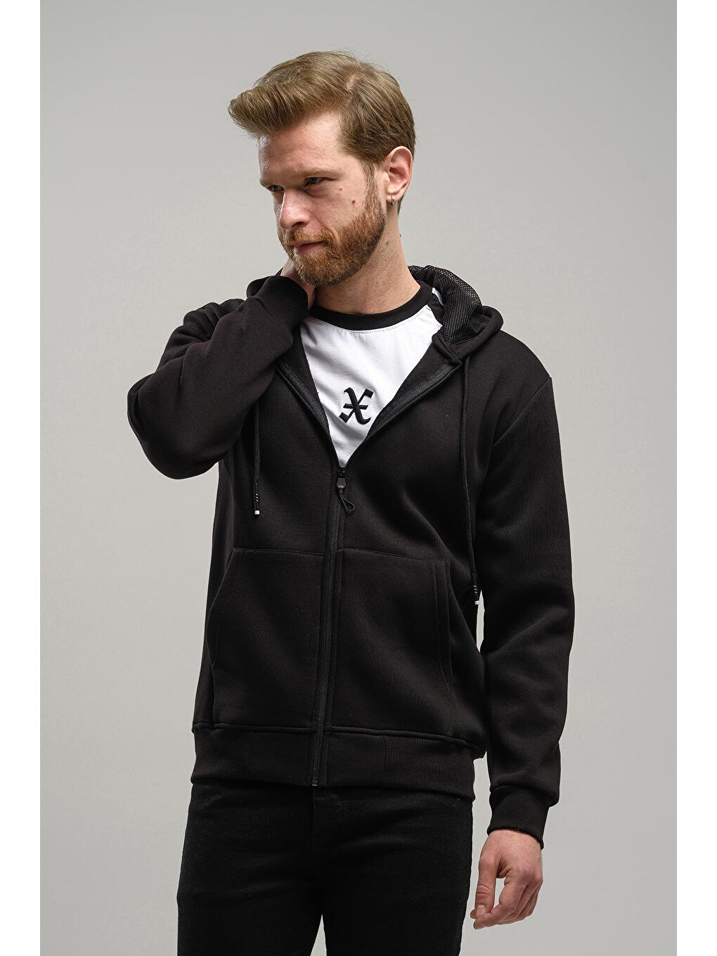 Siyah Regnault Üç İplik Pamuklu Kapüşonu File Detaylı  Fermuarlı Sweatshirt-2