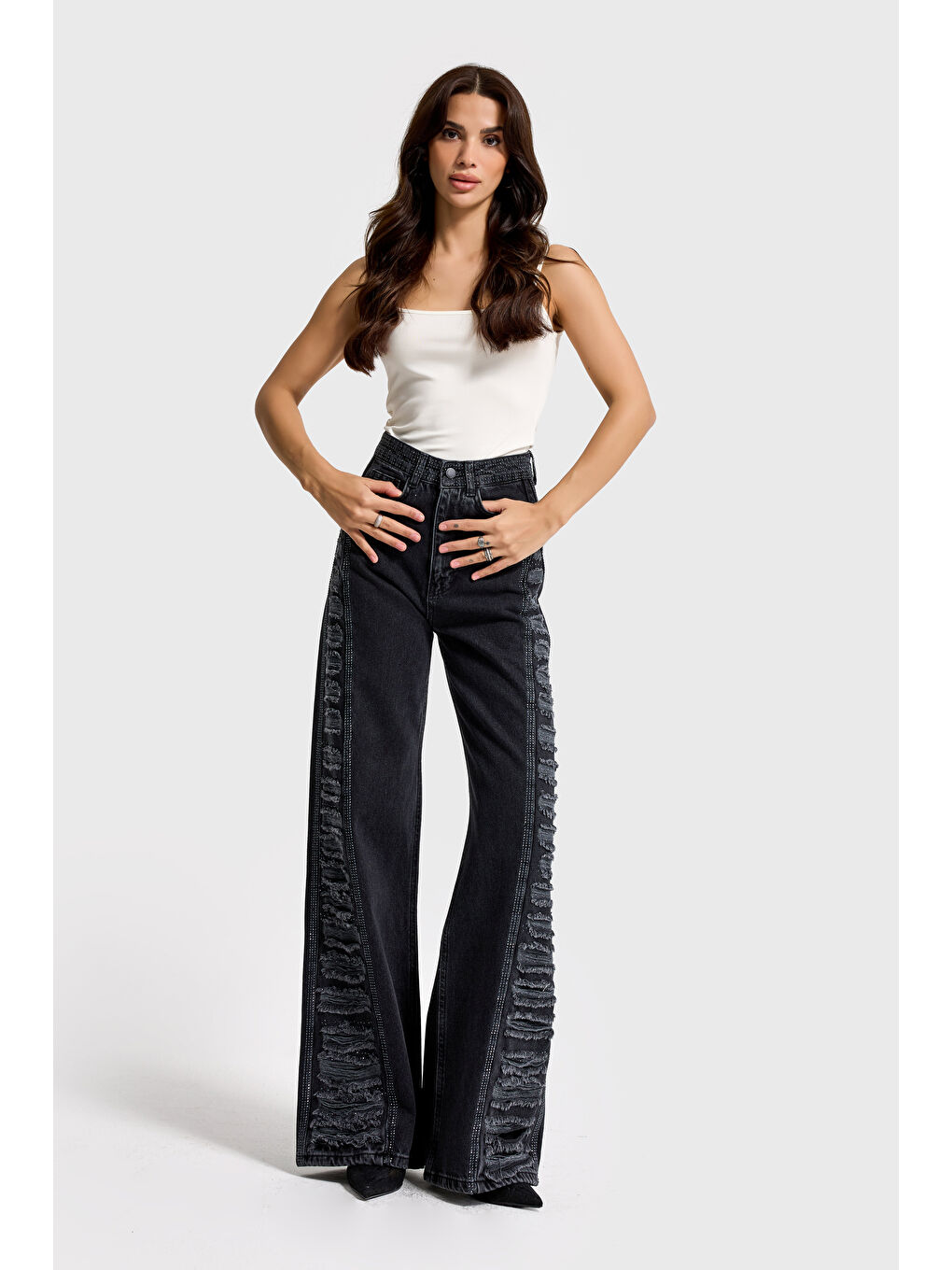 Gri Kadın Füme Renk T-9w5-1 Flare Fit Özel Tasarım %100 Pamuk Denim Jean-3