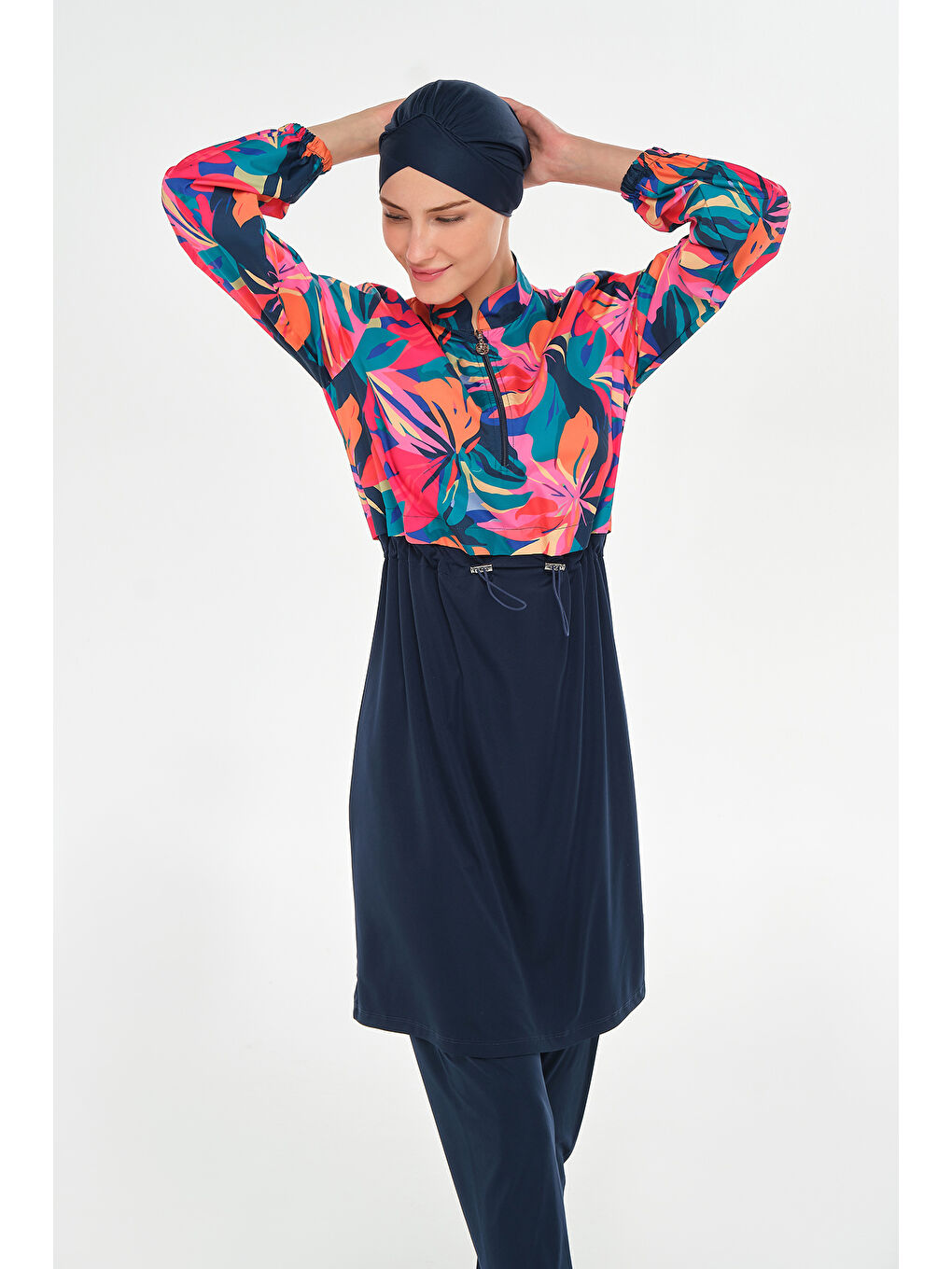 Tam Kapalı Tesettür Mayo Yarım Desenli 3403 Koyu Lacivert-2