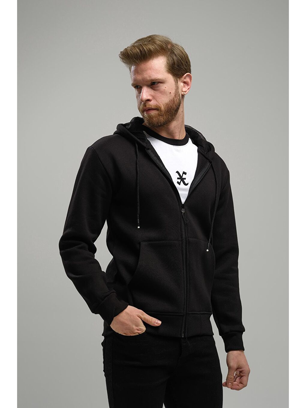 Siyah Regnault Üç İplik Pamuklu Kapüşonu File Detaylı  Fermuarlı Sweatshirt-3