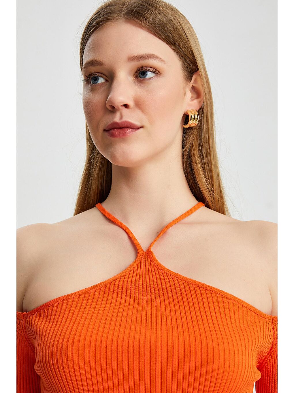 Turuncu Kadın Askılı Omuz Detaylı Uzun Kol Slim Triko Body-1