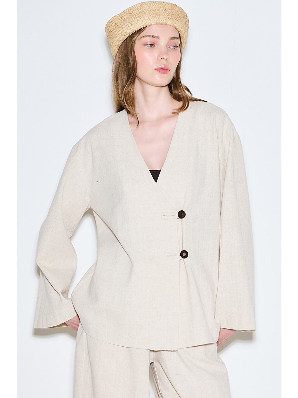 Bej Rustik Düğmeli Kimono Natural