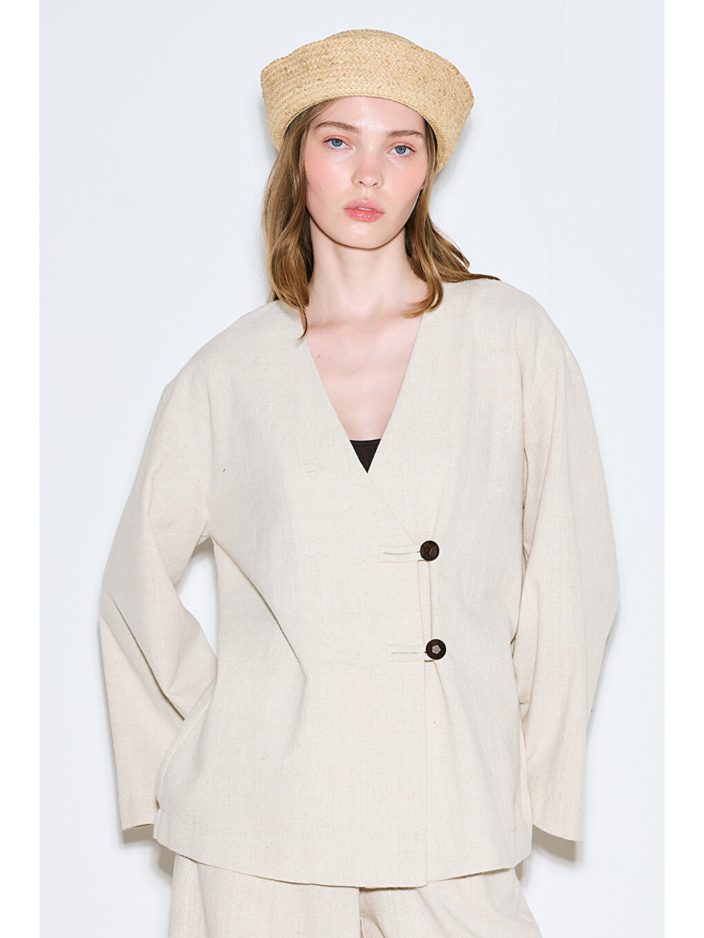Bej Rustik Düğmeli Kimono Natural-2