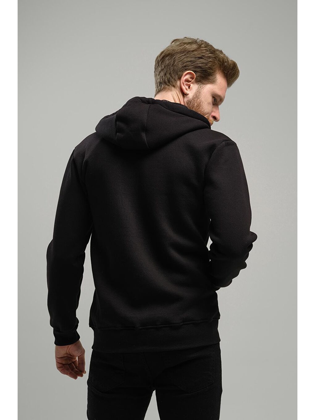 Siyah Regnault Üç İplik Pamuklu Kapüşonu File Detaylı  Fermuarlı Sweatshirt-4