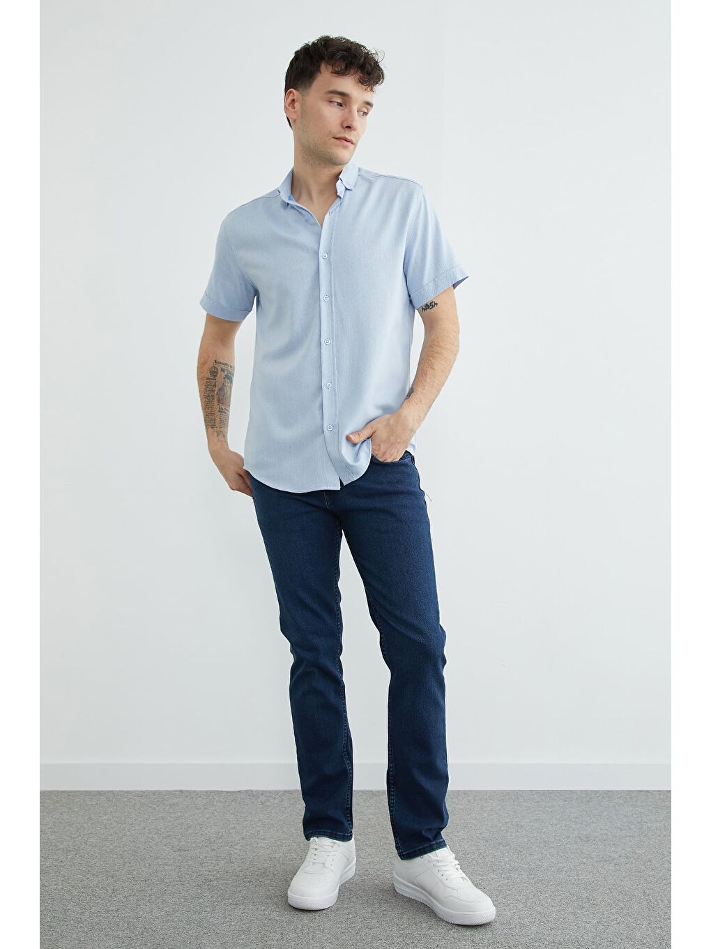 Mavi Çizgili Kısa Kollu Gömlek-2