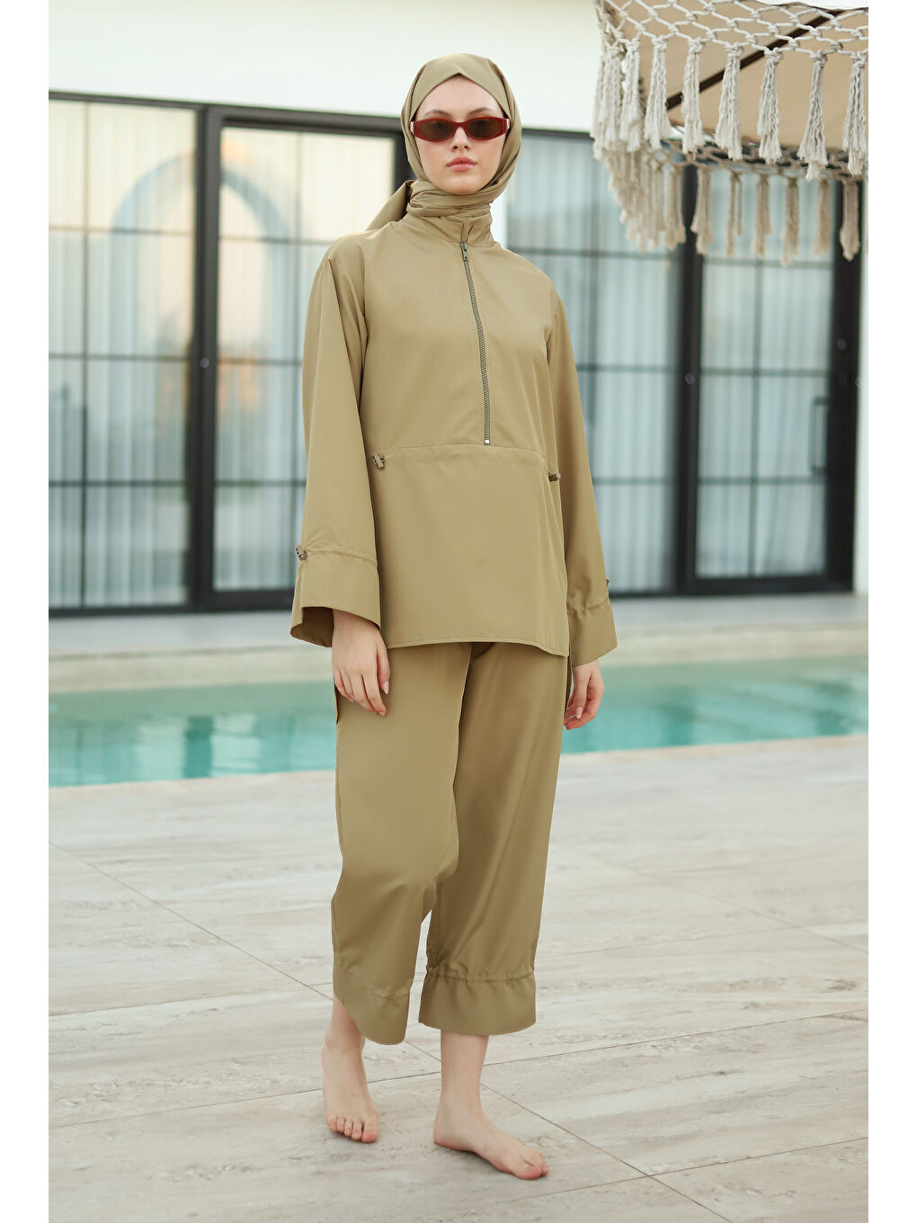 Yeşil Geniş Manşetli Yüzme Takımı Açık Kil-3