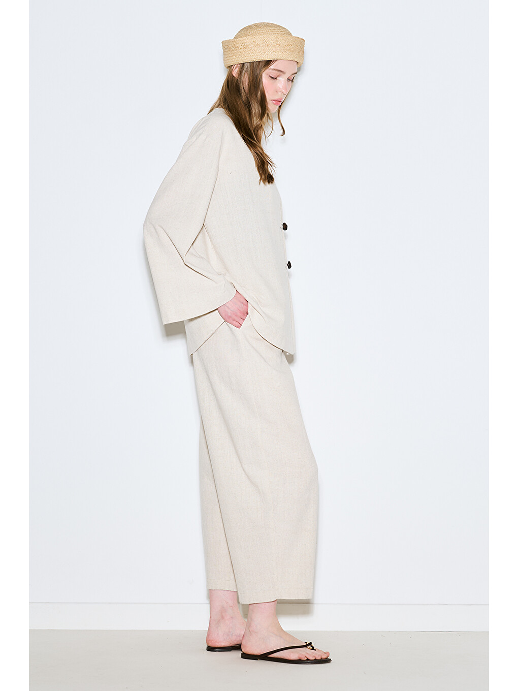 Bej Rustik Düğmeli Kimono Natural-5