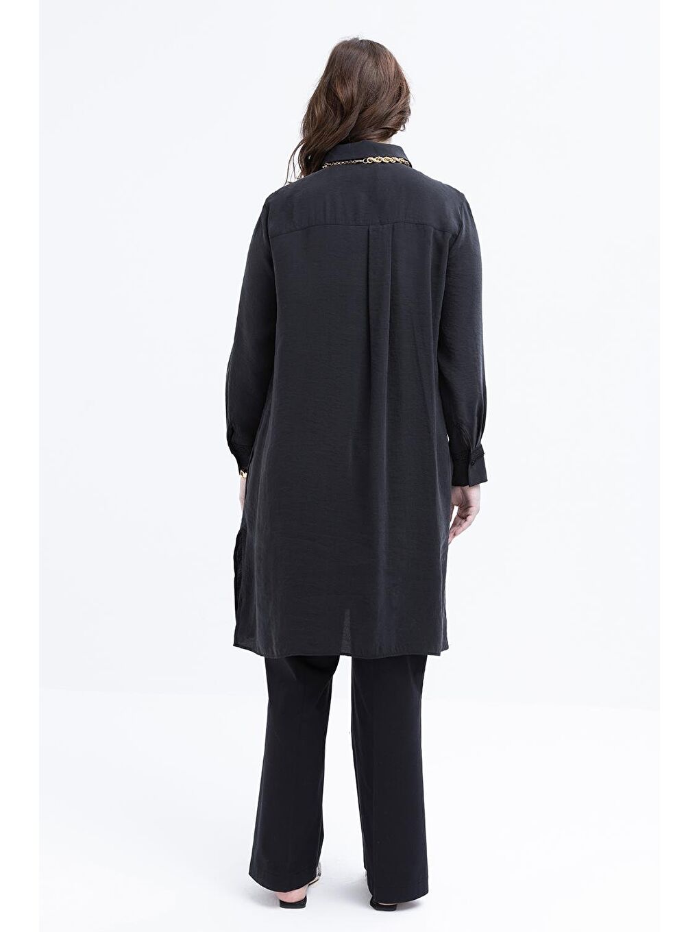 Siyah-Şerit Dantel Detaylı Büyük Beden Modal Gömlek-2