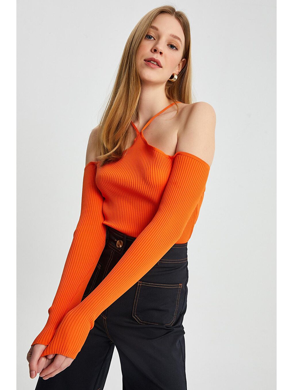 Turuncu Kadın Askılı Omuz Detaylı Uzun Kol Slim Triko Body-3