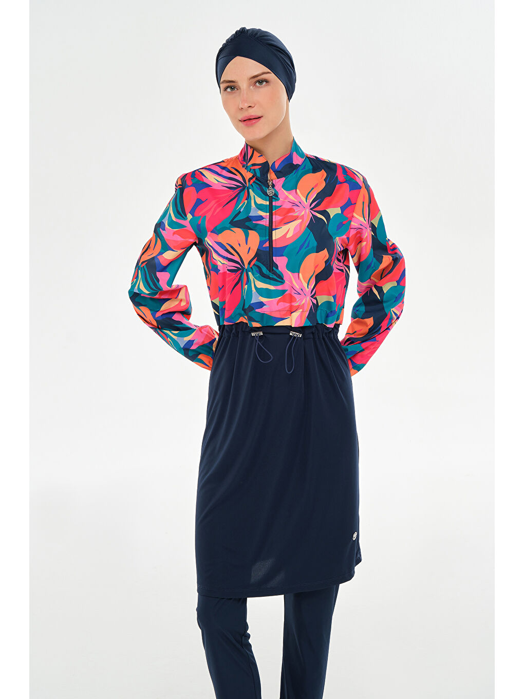 Tam Kapalı Tesettür Mayo Yarım Desenli 3403 Koyu Lacivert-4