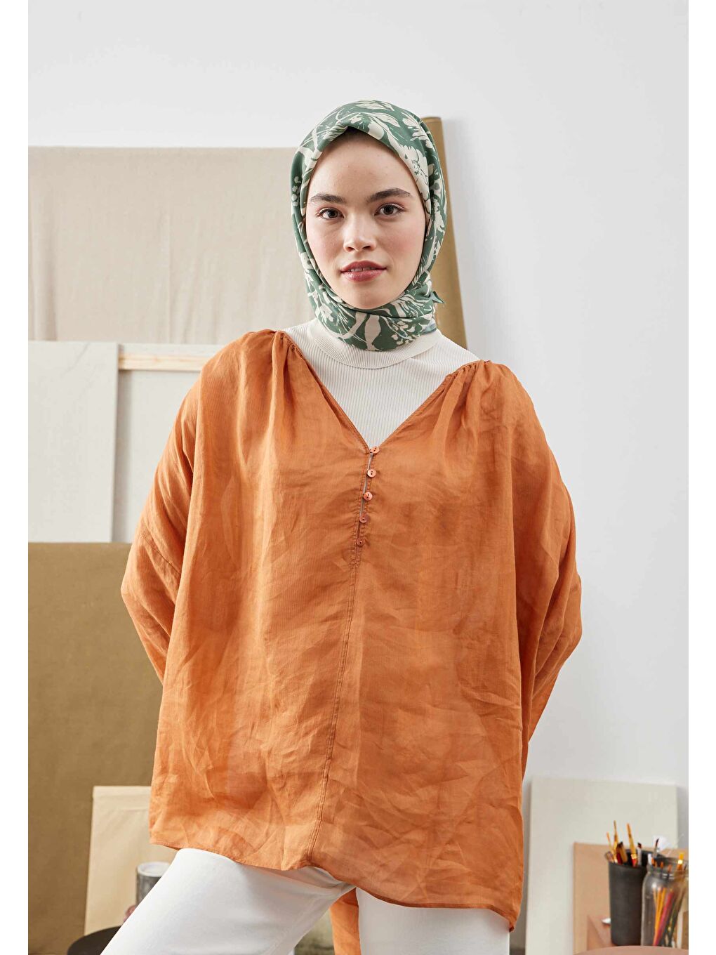 Yeşil Vıolet Desen Pamuk İpek Eşarp Yaprak-1