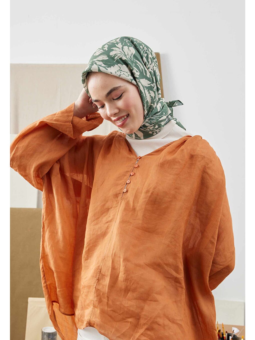 Yeşil Vıolet Desen Pamuk İpek Eşarp Yaprak-2