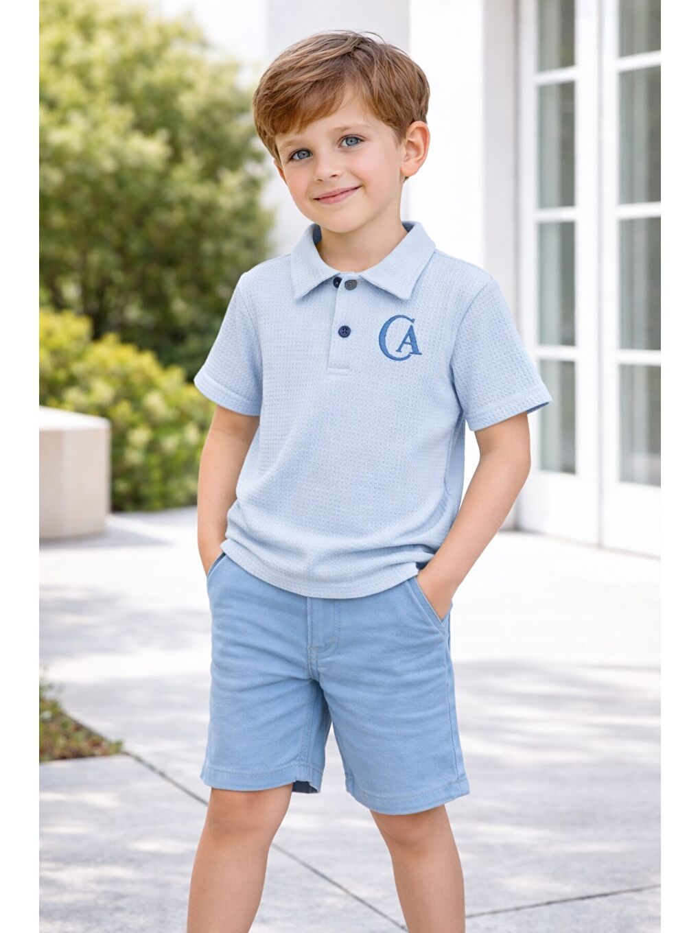 Mavi Tarz Lakos Yaprak Desenli Belden Ayarlanabilir Kısa Kollu Şortlu 2'li Takım Çocuk ve Bebek Giyi