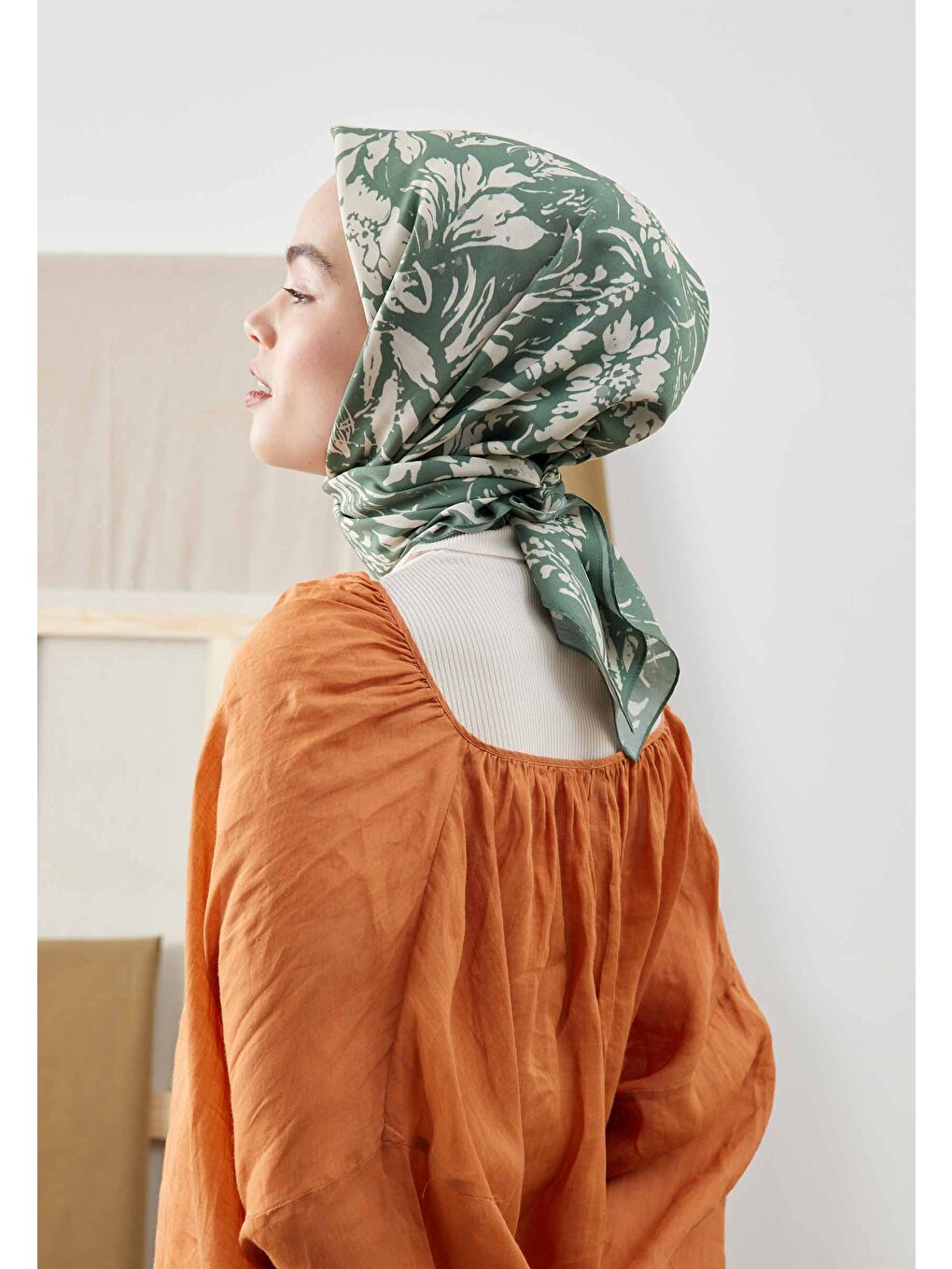 Yeşil Vıolet Desen Pamuk İpek Eşarp Yaprak-3