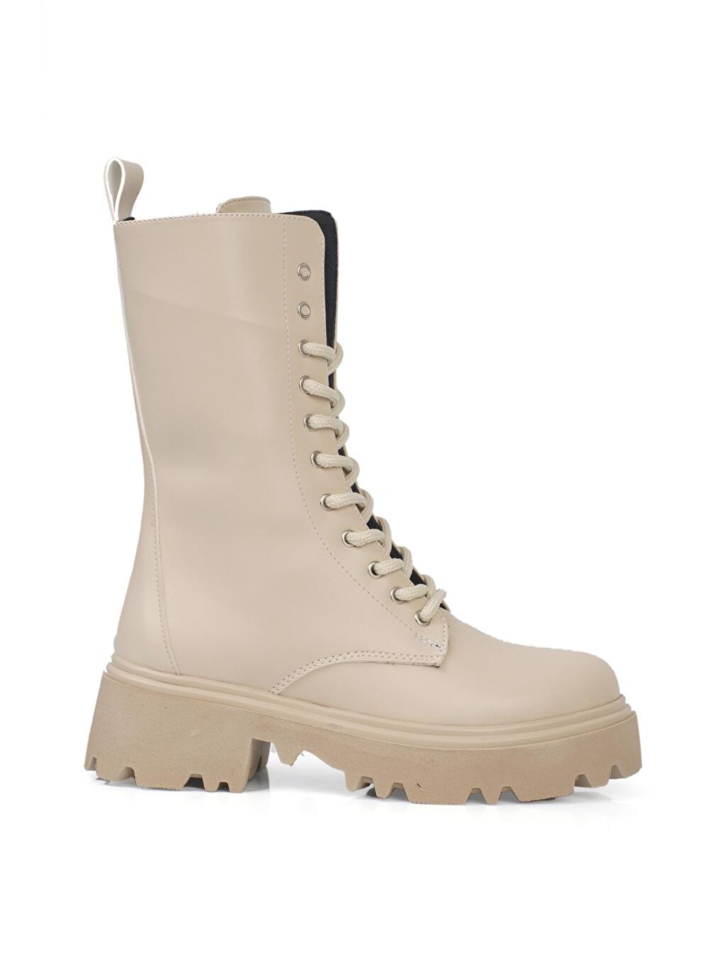 Bej Yuvarlak Burunlu Yandan Fermuarlı Bağcıklı Trak Taban Kadın Bot-2