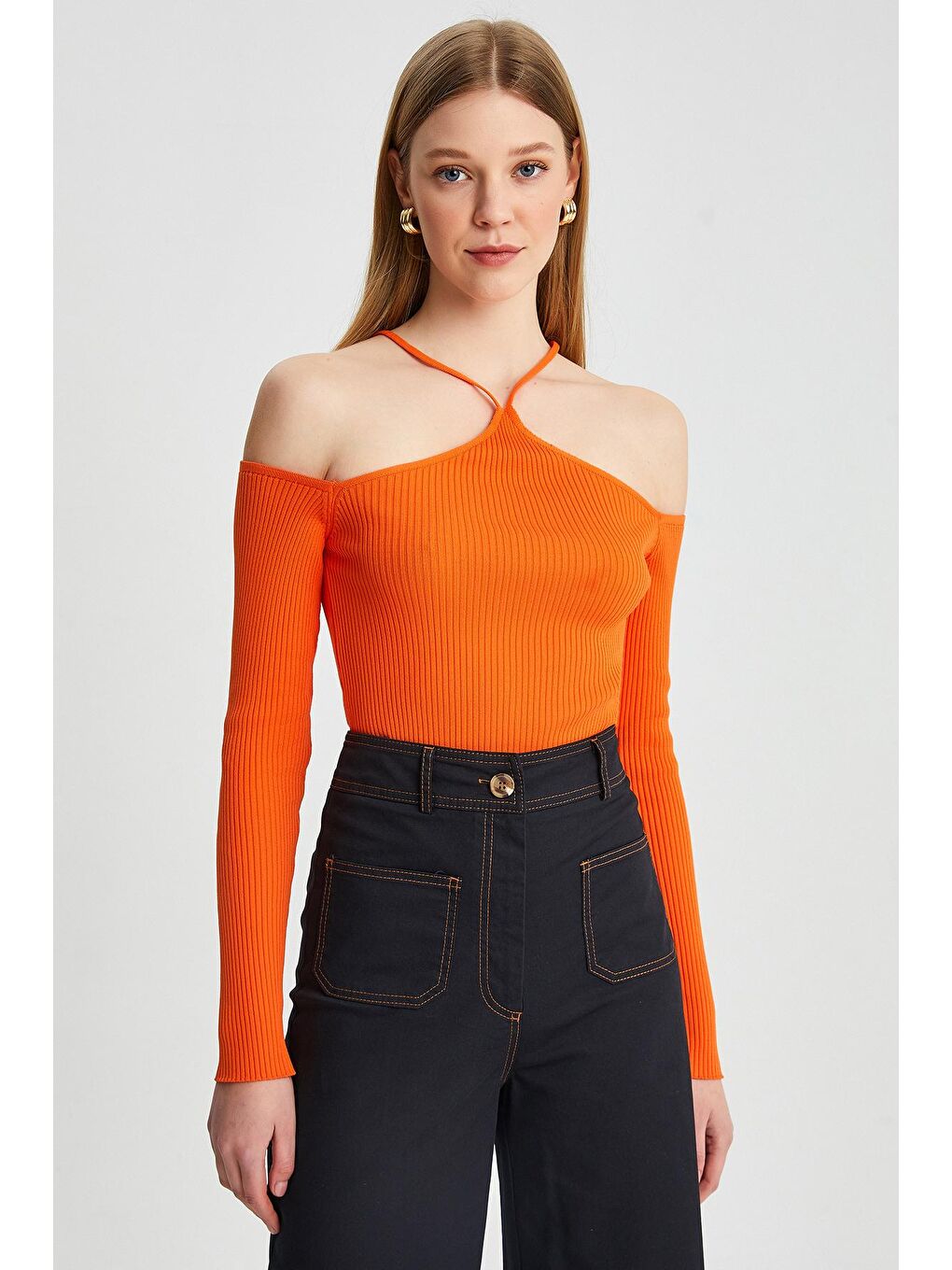 Turuncu Kadın Askılı Omuz Detaylı Uzun Kol Slim Triko Body-2