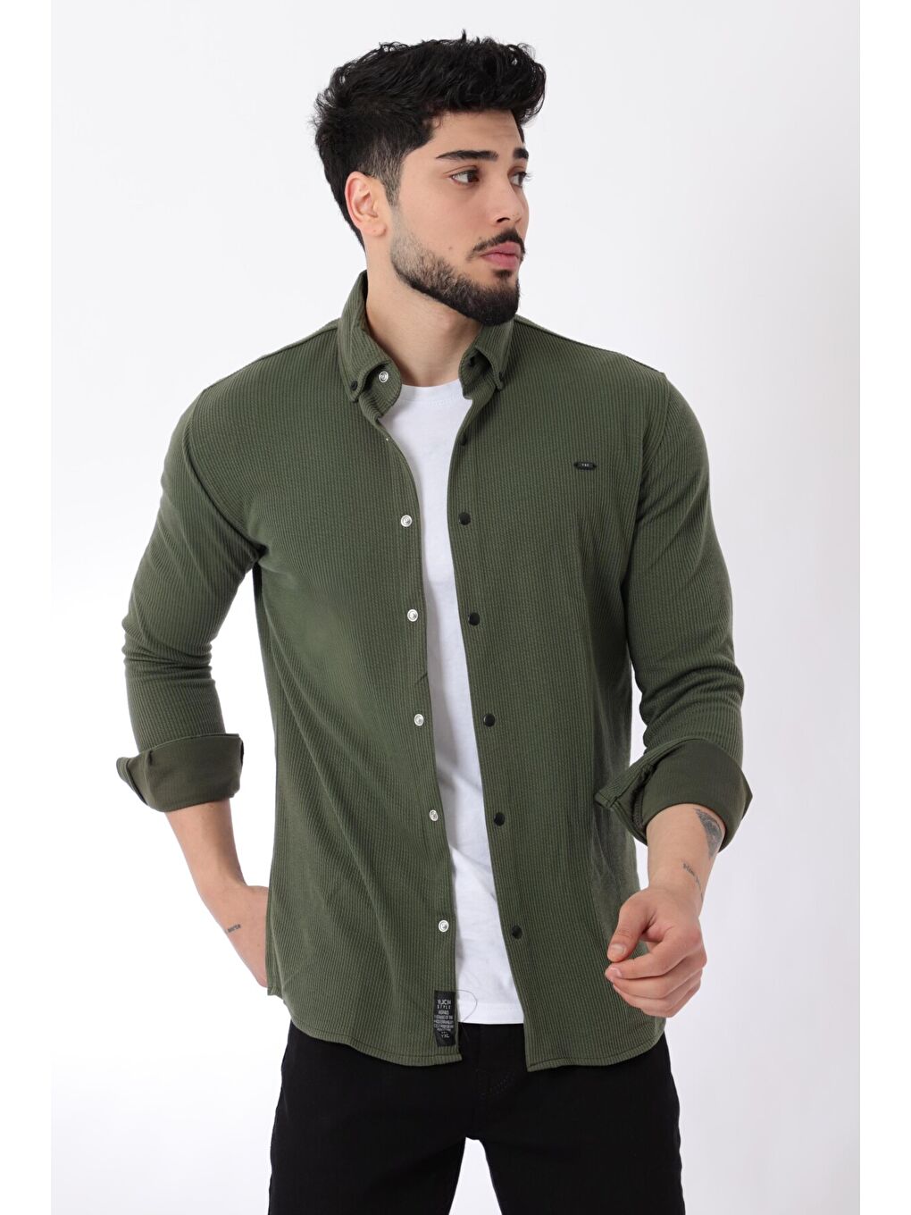 Stilkombin Haki Düz Slim Fit Örme Gömlek XC U16788_40297 - 1