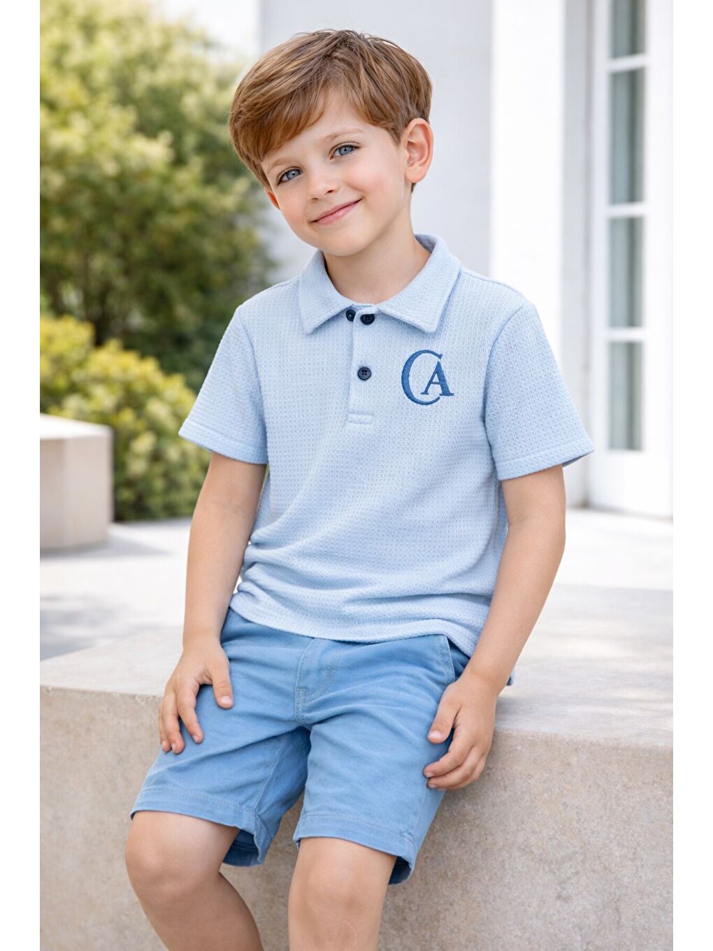 Mavi Tarz Lakos Yaprak Desenli Belden Ayarlanabilir Kısa Kollu Şortlu 2'li Takım Çocuk ve Bebek Giyi-1