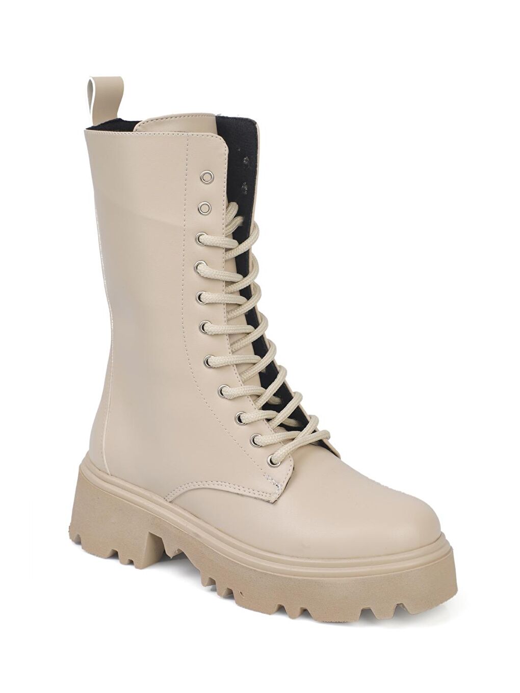 Bej Yuvarlak Burunlu Yandan Fermuarlı Bağcıklı Trak Taban Kadın Bot-1