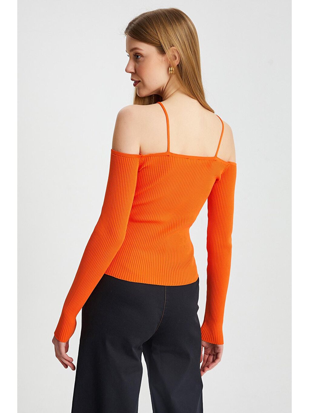 Turuncu Kadın Askılı Omuz Detaylı Uzun Kol Slim Triko Body-4