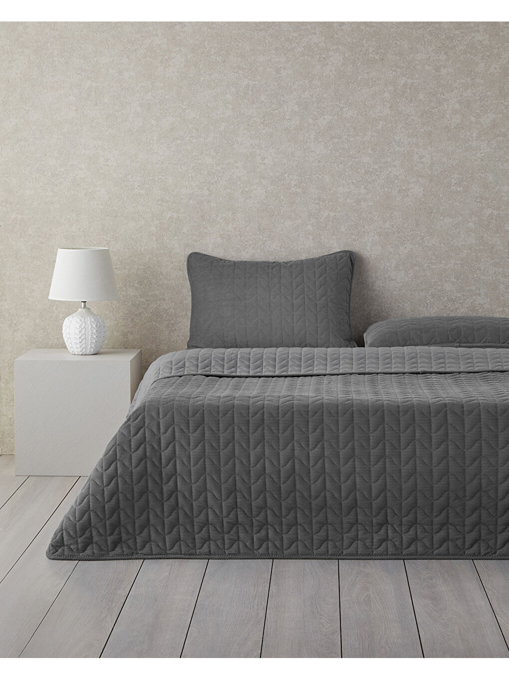 Trigon Fitilli Kadife Çift Kişilik Yatak Örtüsü Takımı 200x220 cm Antrasit