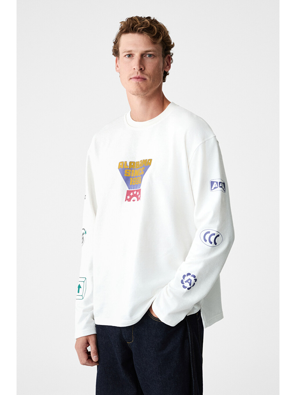 Erkek %100 Organik Pamuklu Bisiklet Yakalı Uzun Kollu Beyaz T-shirt-1