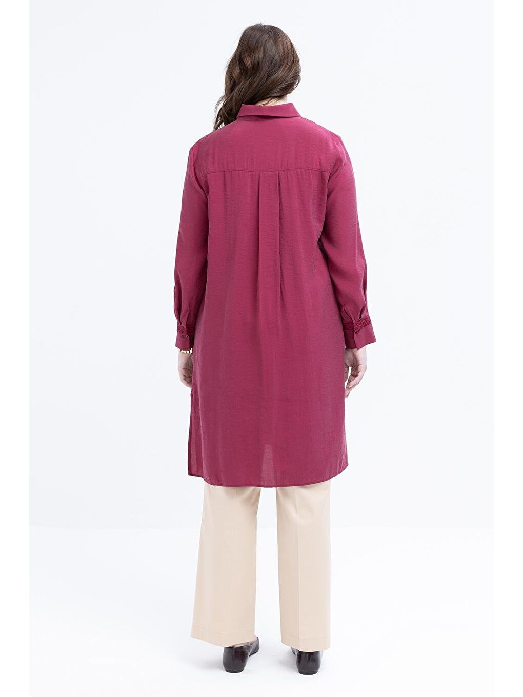 Fuşya Vişne-Şerit Dantel Detaylı Büyük Beden Modal Gömlek-2
